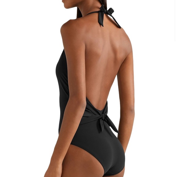 TORY BURCH solid Tie Halter One-Piece Swimsuit UPF L NWT plunge - Picture 2 of 11